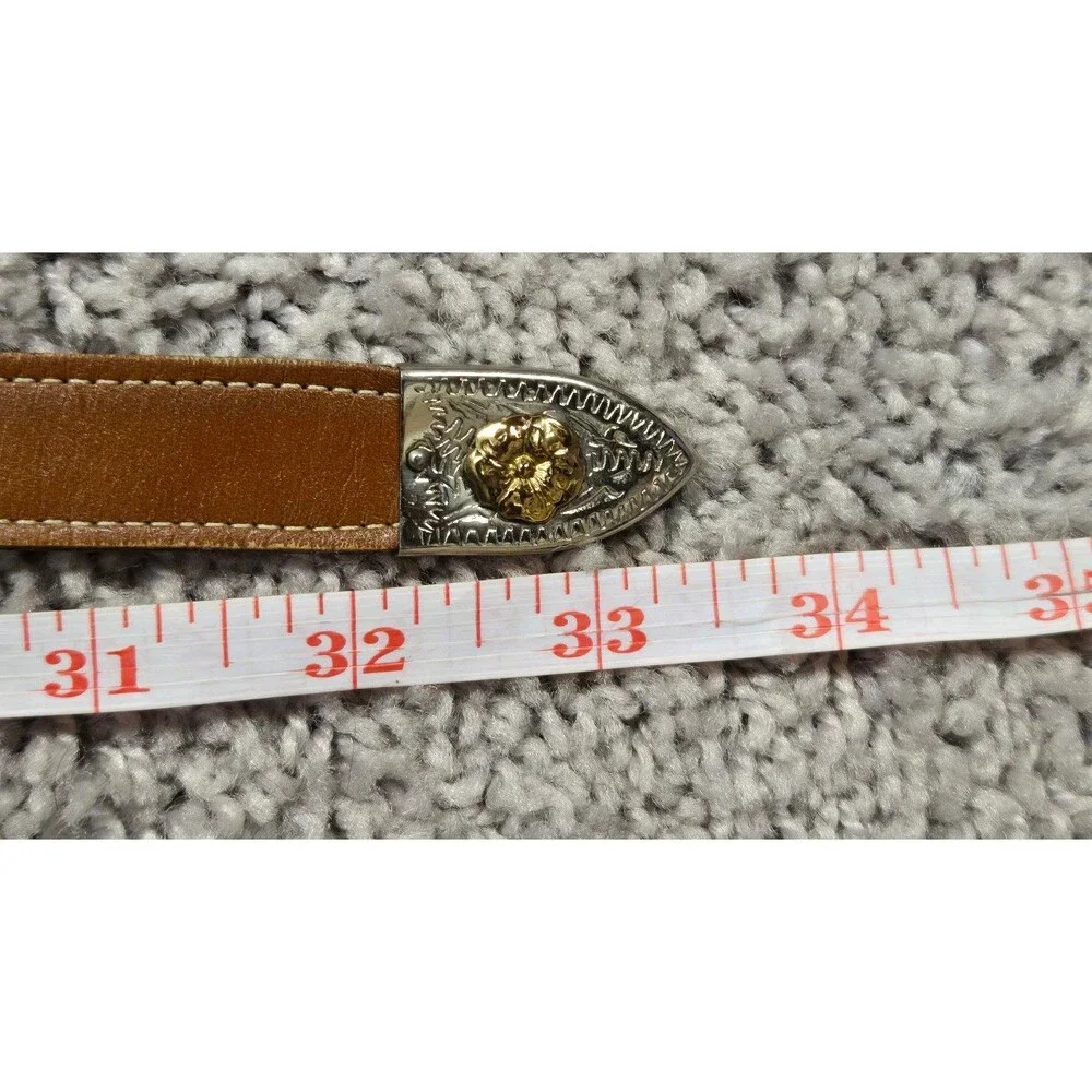 Justin Tan Stitch Western Leather Belt Silver Gold Tone Flower Buckle Youth